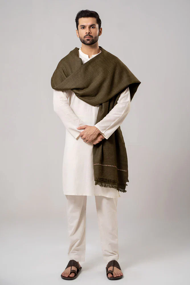 J. Men's Winter Wool Shawl - Olive Green - Image 3