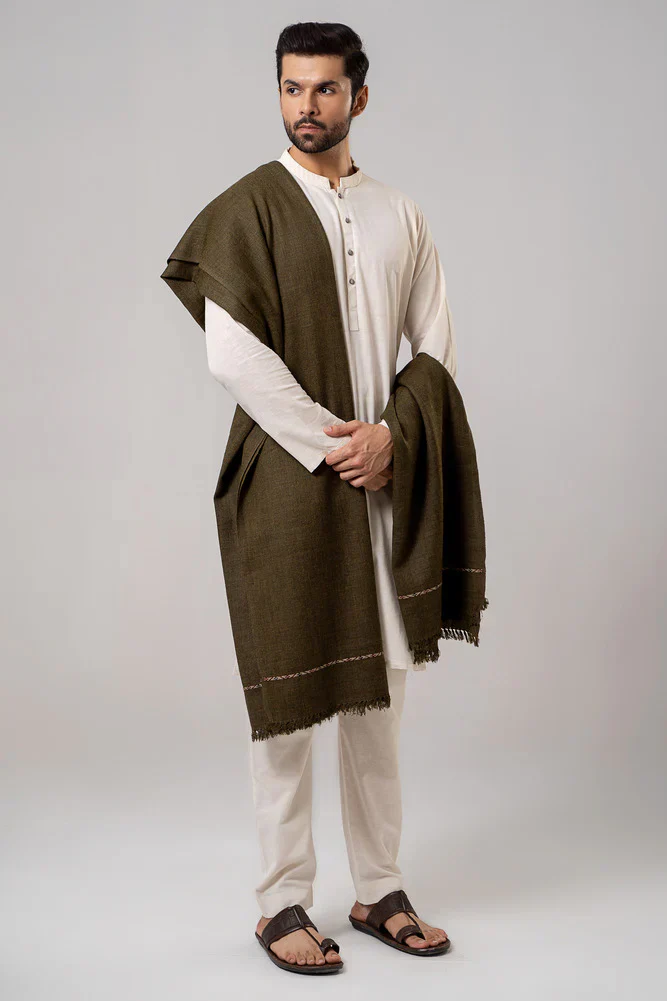 J. Men's Winter Wool Shawl - Olive Green - Image 4