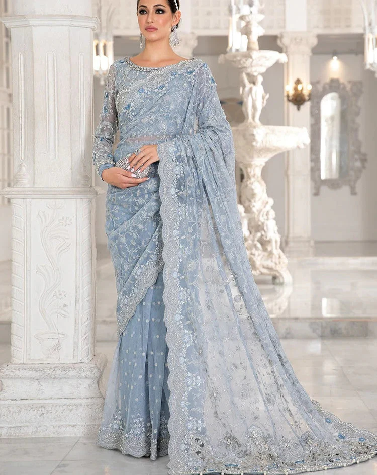 MB Couture Ice Blue Net Saree Collection -Unstitched (MB-SC03) - Image 4