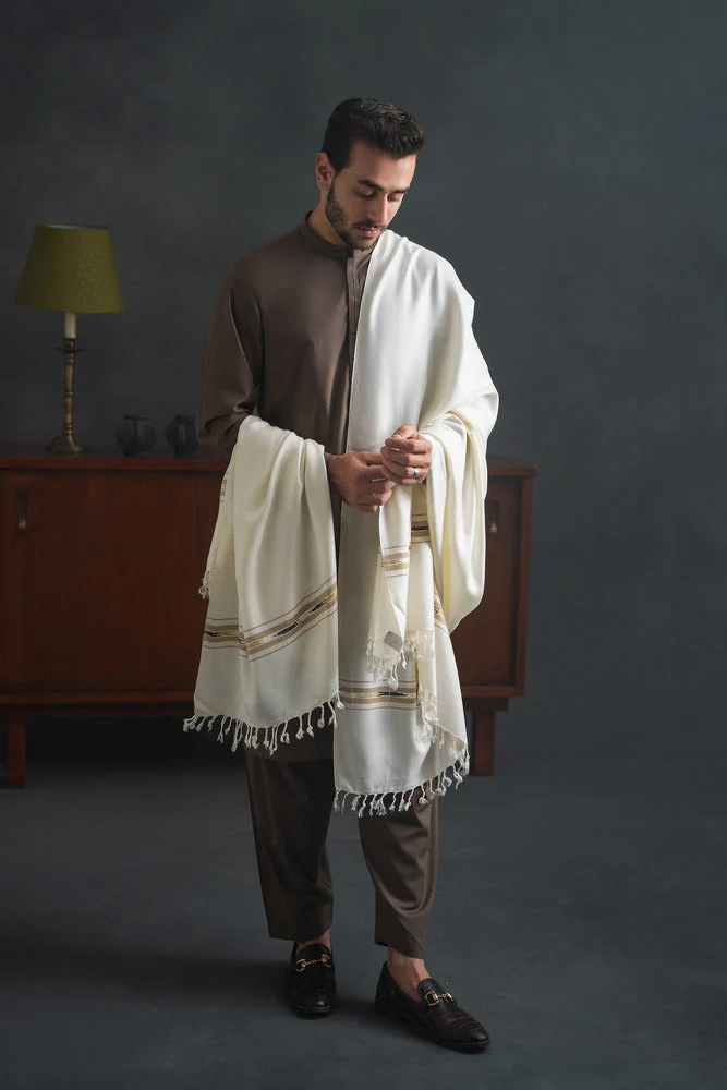 Men's Winter Pashmina Woolen Shawl - (Cream) - JS-02 - Image 4
